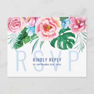 Tropical Floral Colourful Palm Leaves Wedding RSVP Postcard