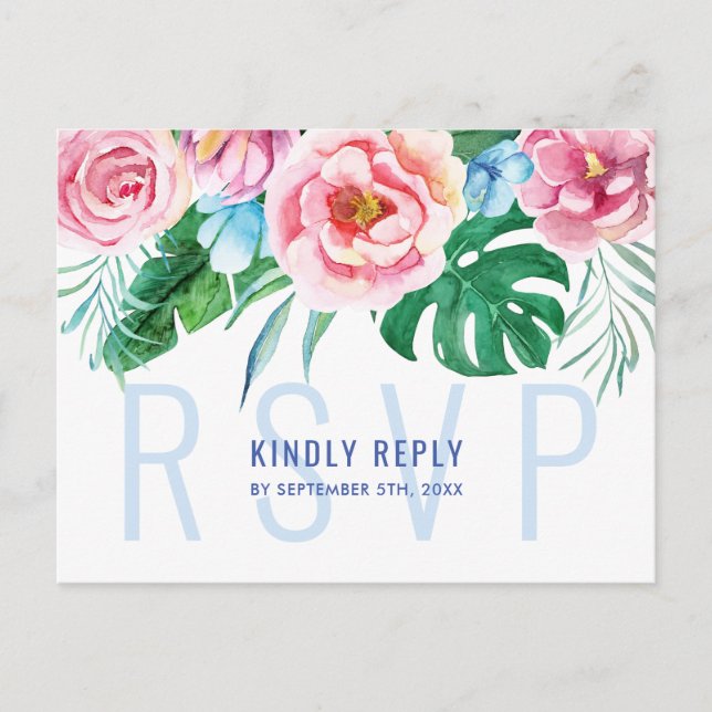 Tropical Floral Colourful Palm Leaves Wedding RSVP Postcard (Front)