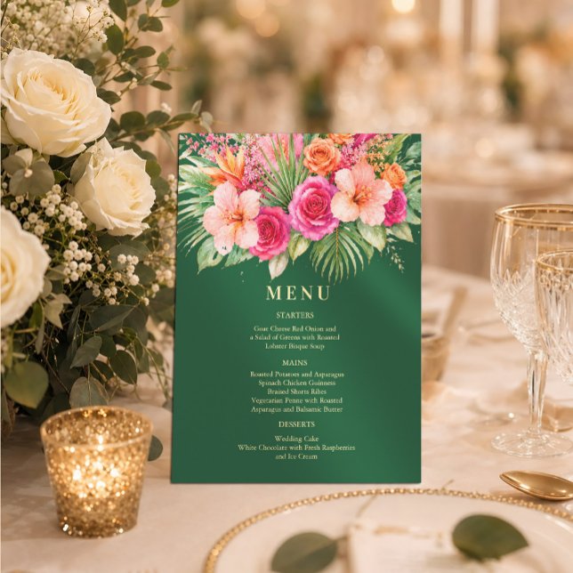  tropical floral Colourful wedding Menu Invitation (#menuinvitation #pinkorangeinvitation #watercolorflowerstropical #weddingmenu #weddingsummer)