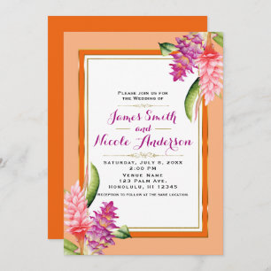 Tropical Floral Coral Orange & Gold Chic Wedding Invitation