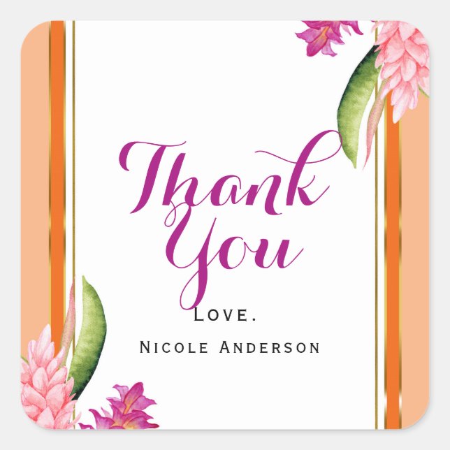 Tropical Floral Coral Orange & Gold Party Favour Square Sticker (Front)