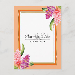 Tropical Floral Coral Orange & Gold Save the Date Announcement Postcard
