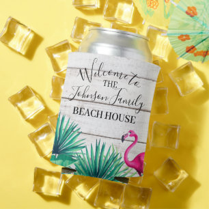 Tropical Floral Family Name Beach House Welcome Can Cooler
