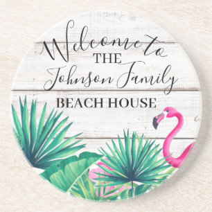 Tropical Floral Family Name Beach House Welcome Coaster