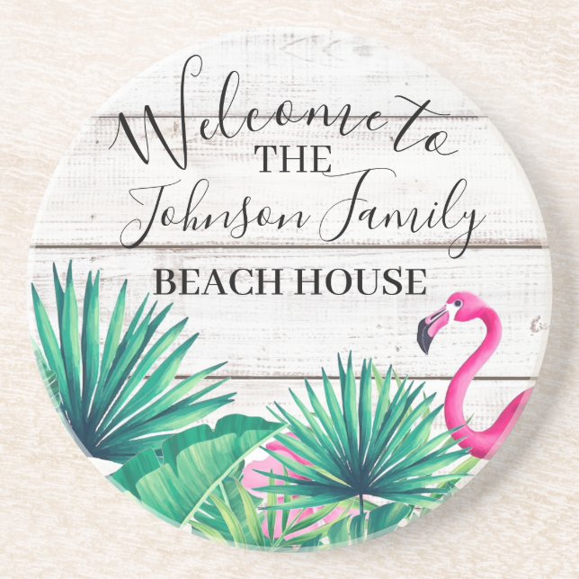 Tropical Floral Family Name Beach House Welcome  Coaster (Front)