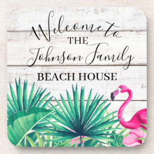 Tropical Floral Family Name Beach House welcome Coaster