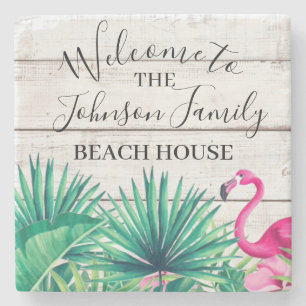 Tropical Floral Family Name Beach House welcome Stone Coaster
