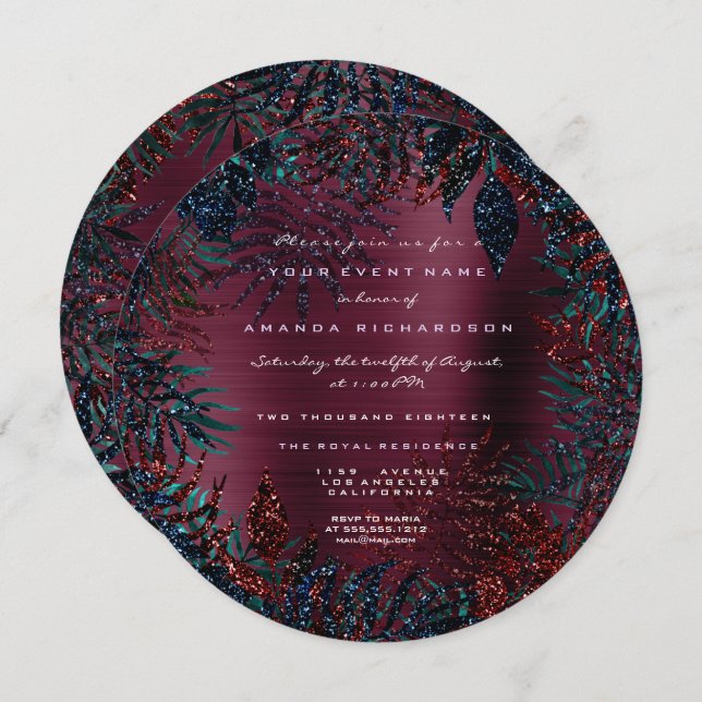 Tropical Floral Fern Leafs Framed Burgundy Glitter Invitation (Front/Back)