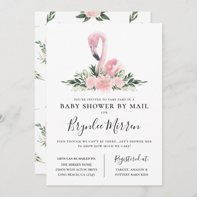 Tropical Floral Flamingo Baby Shower By Mail Invitation (Front/Back)