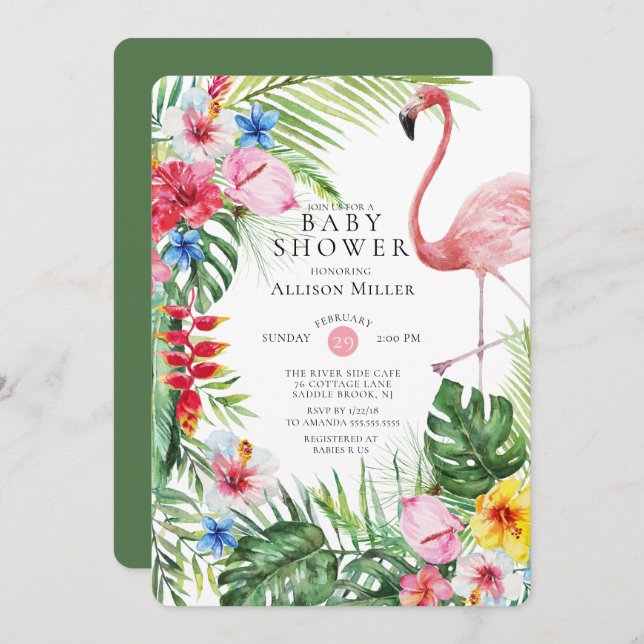 Tropical Floral Flamingo Baby Shower Invitation (Front/Back)