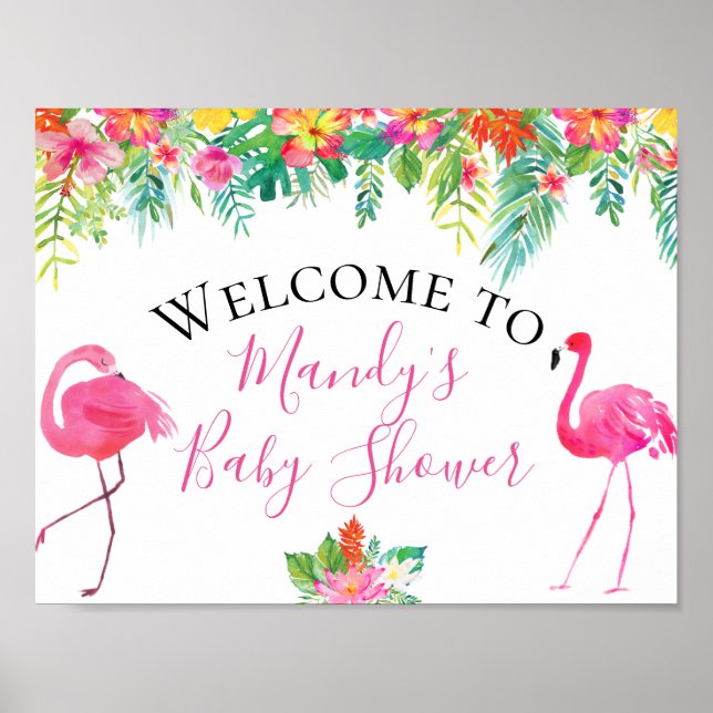 Tropical Floral Flamingo Baby Shower Sign (Front)