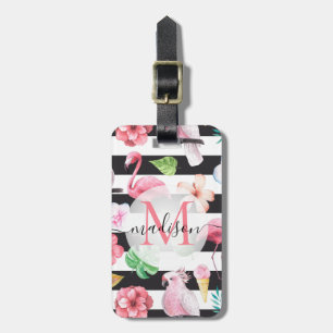 Tropical Floral Flamingo Black Stripes Monogram Luggage Tag