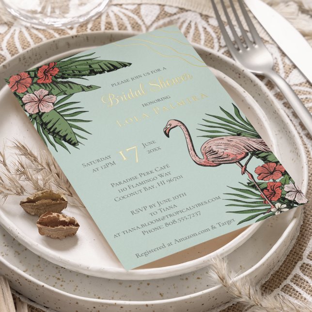 Tropical Floral Flamingo Bridal Shower Gold (Elegant, Chic Turquoise Floral Flamingo & Hibiscus Flower Tropical, Summer, Beach Wedding Invitation)