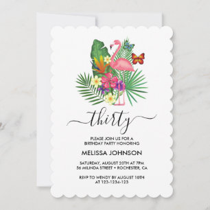 Tropical Floral Flamingo Butterflies 30th Birthday Invitation