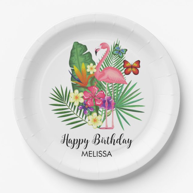 Tropical Floral Flamingo Butterflies Birthday Paper Plate (Front)