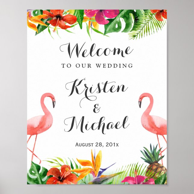 Tropical Floral Flamingo Couple Luau Wedding Sign (Front)