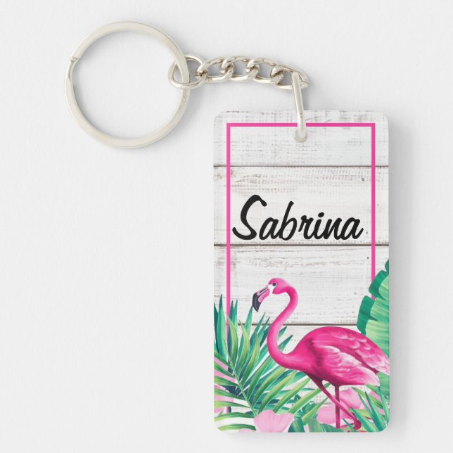 Tropical Floral Flamingo Custom Name Summer Beach Key Ring (Front)