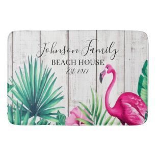 Tropical Floral Flamingo Family Name Beach House  Bath Mat