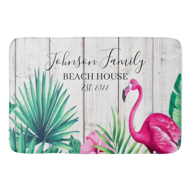 Tropical Floral Flamingo Family Name Beach House  Bath Mat (Front)