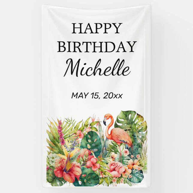 Tropical Floral Flamingo Happy Birthday Name Banner (Vertical)
