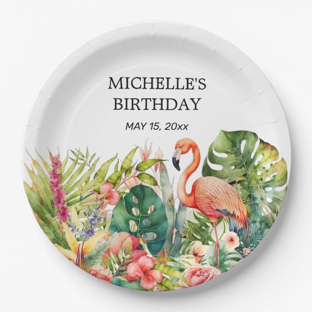 Tropical Floral Flamingo Happy Birthday Name Paper Plate (Front)