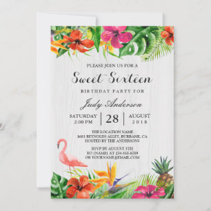 Tropical Floral Flamingo Luau   Sweet 16 Birthday Invitation