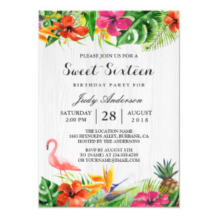 Tropical Floral Flamingo Luau | Sweet 16 Birthday Invitation