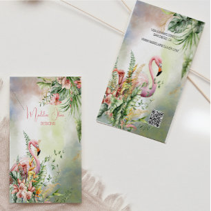 Tropical Floral Flamingo QR Code Display Business Card
