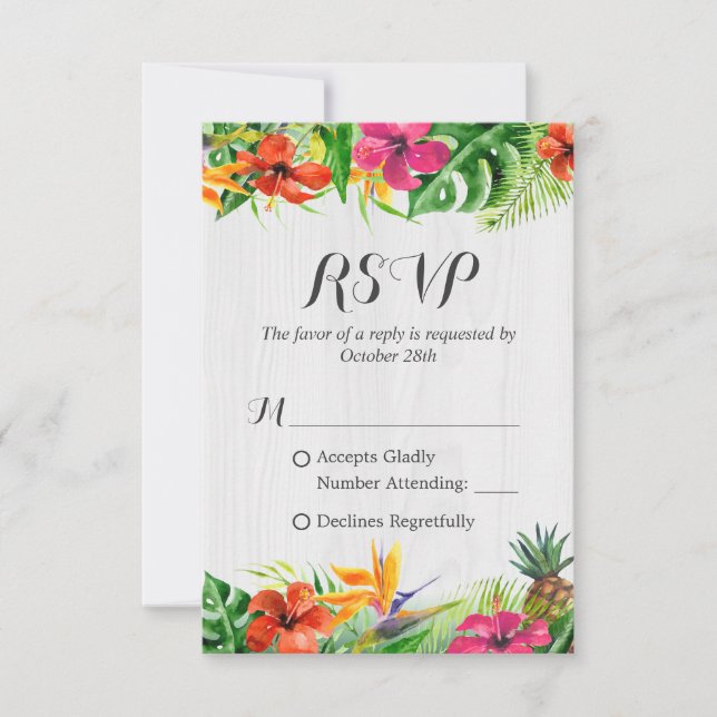 Tropical Floral Flamingo Rustic Wood Wedding RSVP Card (Front)