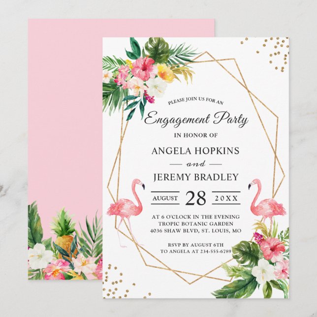 Tropical Floral Flamingo Summer Engagement Party Invitation (Front/Back)