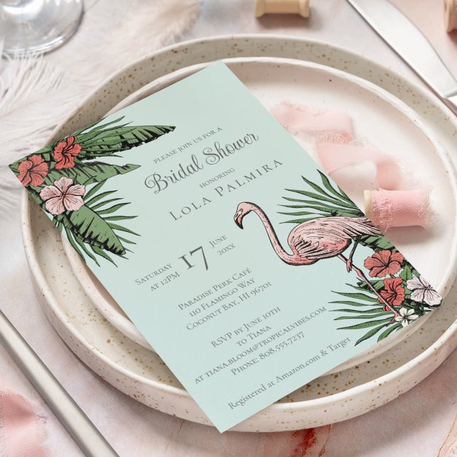 Tropical Floral Flamingo Turquoise Bridal Shower Invitation (Elegant Tropical Bridal Shower Design. Hand-Drawn Pink Flamingo, Hibiscus Flowers, Tropical Greenery)