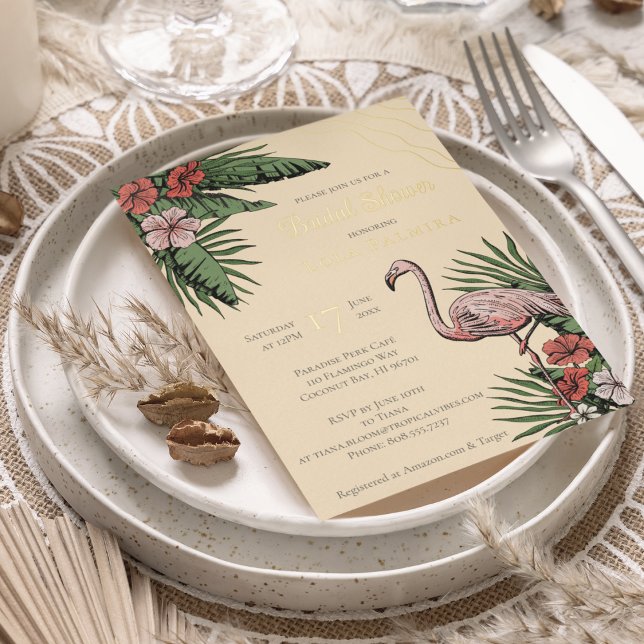 Tropical Floral Flamingo Yellow Bridal Shower Gold (Elegant & Chic Yellow Floral Flamingo & Hibiscus Flowers Tropical, Summer, Beach Wedding Invitation)