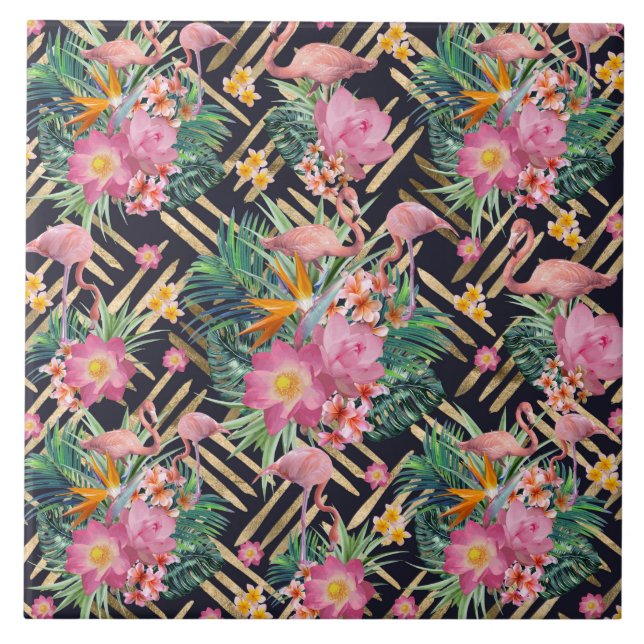 tropical floral flamingos and gold strokes ceramic tile (Front)