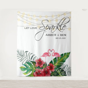 Tropical Floral Flamingos String Lights Wedding Tapestry