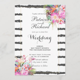 Tropical floral flamingos stripes wedding design invitation