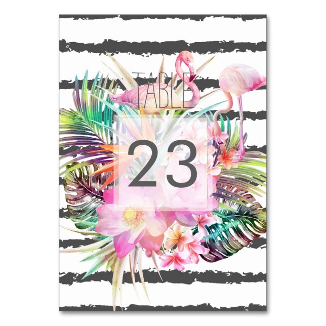 Tropical floral flamingos stripes wedding design table number (Front)