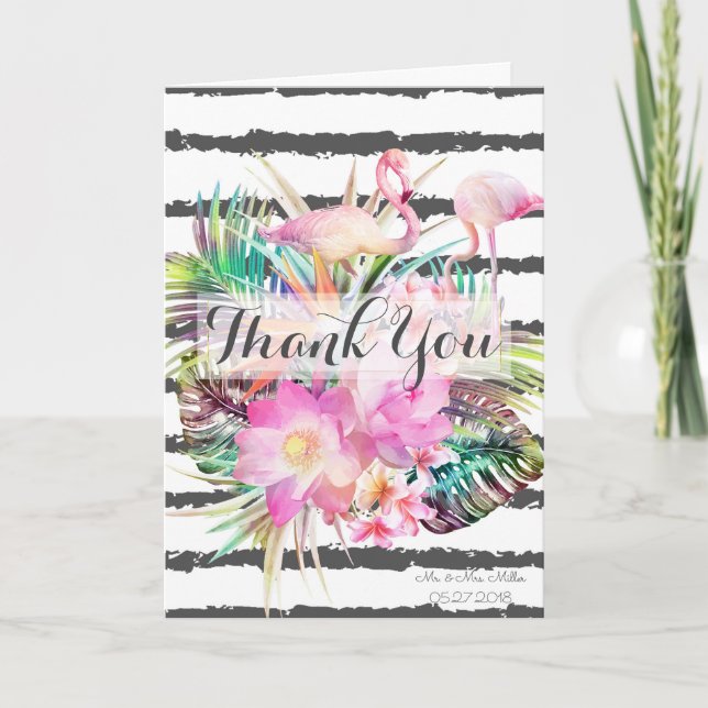 Tropical floral flamingos stripes wedding design thank you card (Front)