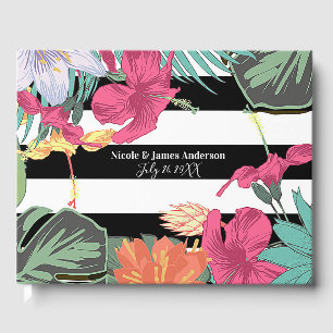 Tropical Floral Flowers Leaves Black White Stripes Guest Book