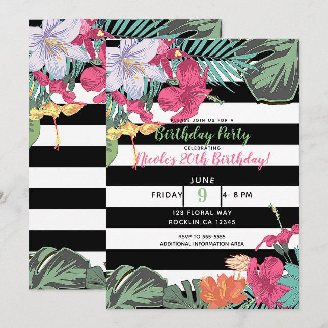 Tropical Floral Flowers Leaves Black White Stripes Invitation (Front/Back)