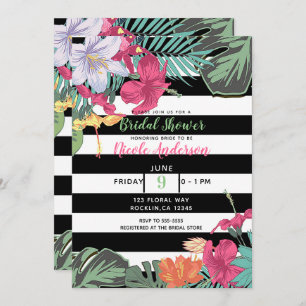 Tropical Floral Flowers Leaves Black White Stripes Invitation