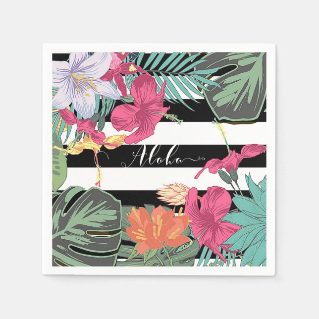 Tropical Floral Flowers Leaves Black White Stripes Napkin (Front)