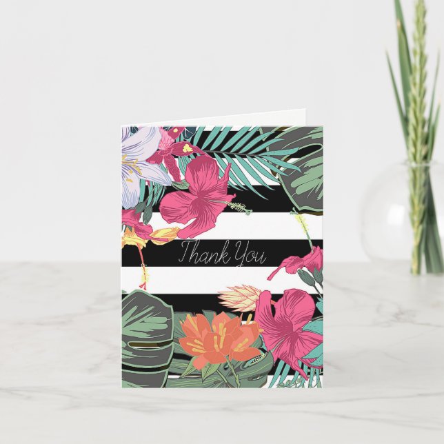 Tropical Floral Flowers Leaves Black White Stripes Thank You Card (Front)