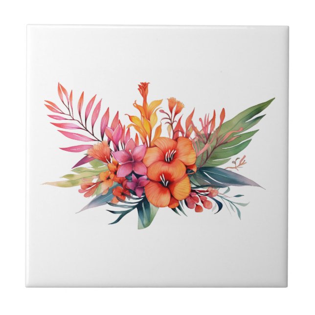 Tropical Floral Flowers Pink Peach Yellow Orange  Ceramic Tile (Front)