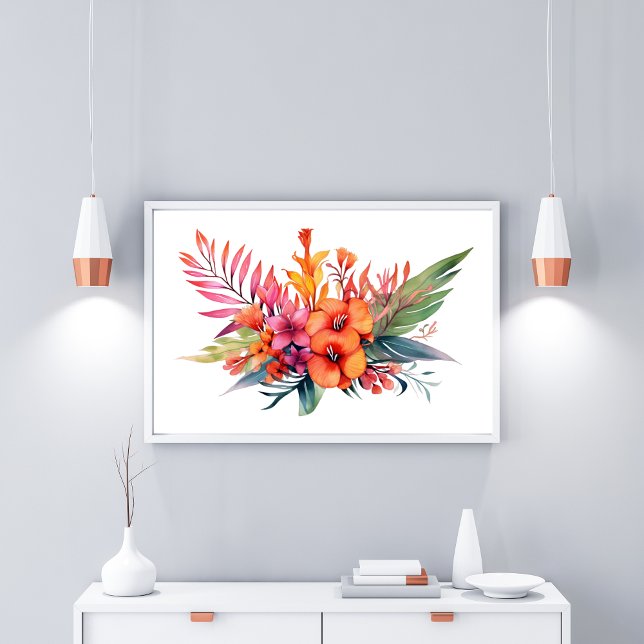 Tropical Floral Flowers Pink Peach Yellow Orange  Poster (tropical Floral Flowers Wall Art Poster. Flowers are shades of pink, peach, yellow and orange green)