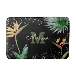 Tropical Floral Foliage Monogram Script Gold Black Bath Mat