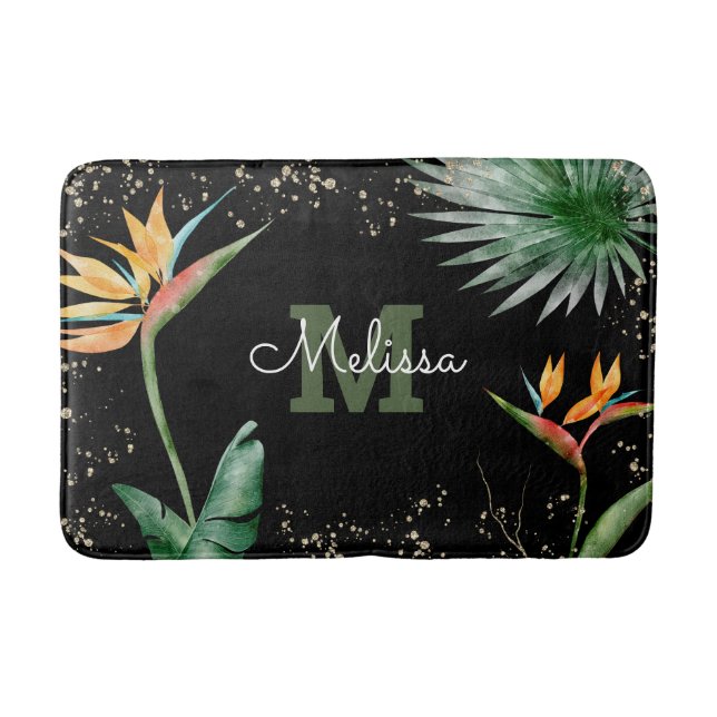 Tropical Floral Foliage Monogram Script Gold Black Bath Mat (Front)