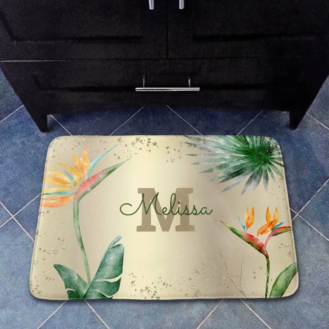 Tropical Floral Foliage Monogram Script Gold Foil  Bath Mat (Creator Uploaded)
