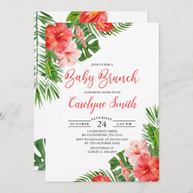 Tropical Floral Frame Watercolor Baby Brunch Invitation (Front/Back)