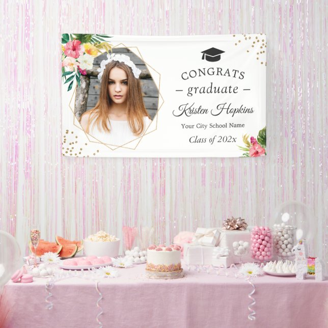 Tropical Floral Geometric Photo Graduation Party Banner (Party)