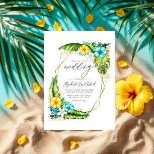 Tropical Floral Geometric Wedding Photo & QR Code Invitation